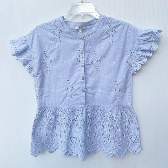 Joie Size XS Blue striped Ruffle Sleeve Eyelet 100% Cotton Button Top - Picture 1 of 4